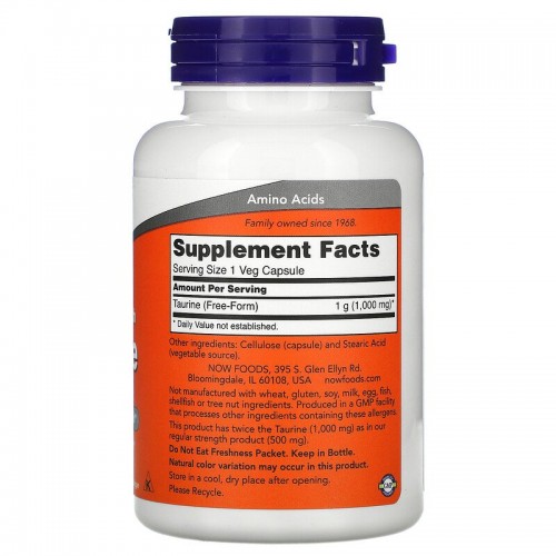 Now Foods, таурин, двойной концентрации, 1000 мг, 100 растительных капсул